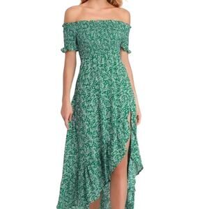 Lulus Fleur-tation Green Floral Print Off-the-Shoulder Midi Dress Medium